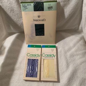 Vintage dark green opaque pantyhose & blue & yellow knee highs